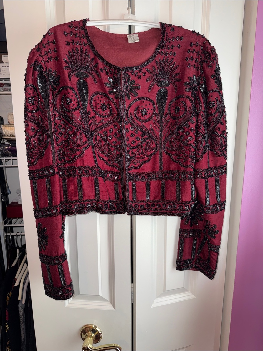 Laurence Kazar Women's Size M Burgundy Silk Black Beaded Sequin Evening Jacket